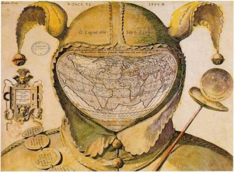 World map drawn in a fool’s head, 1590